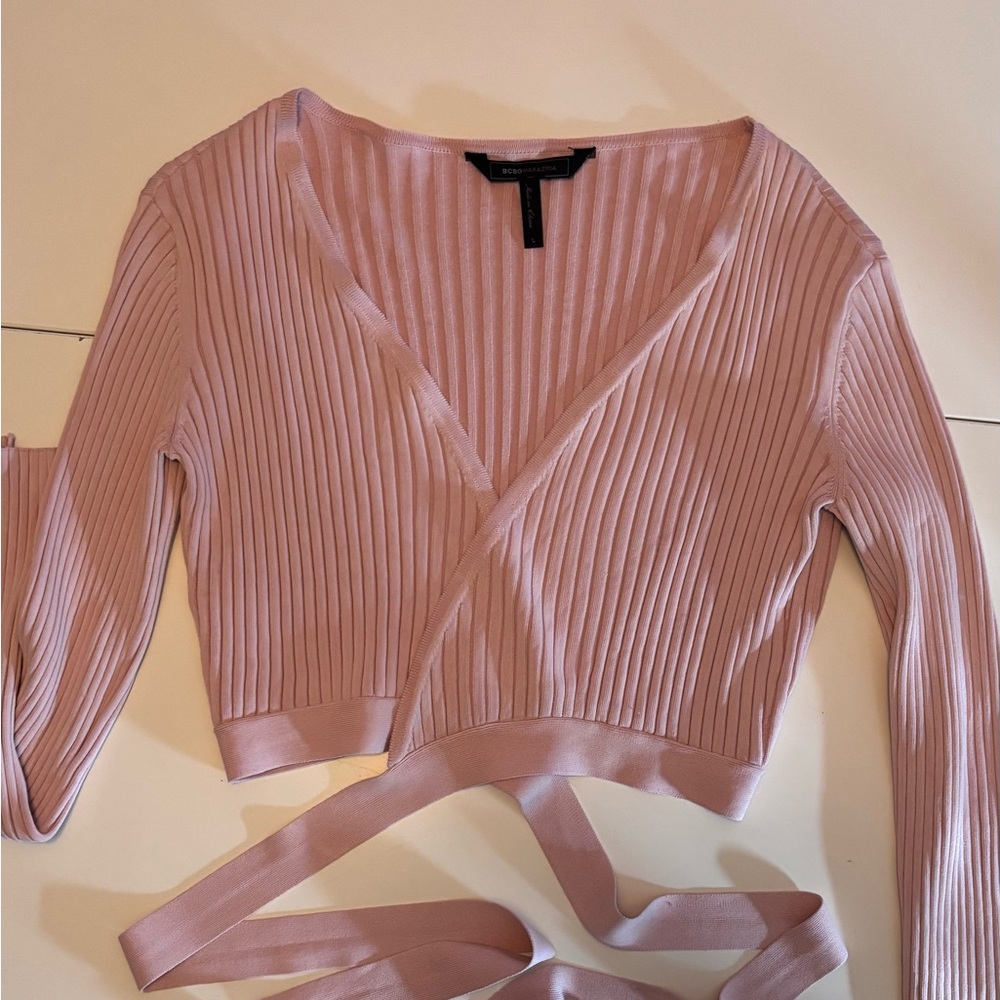 BSBG Maxazria Long sleeve Emily  ribbed open front with wrap around tie top